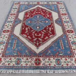 4x6 Geometric Heriz Rug, Blue Beige Red Afghan Hand Knotted Wool Area Rug, Traditional Rug, Oriental Retro Rug, Bedroom Rug, Living Room Rug
