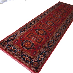 3x10 Red Runner Rug, Tribal Geometric Bukhara Rug, Afghan Handmade Wool Long Runner Rug, 10 ft Hallway Runner, Kitchen Runner, Oriental Rug
