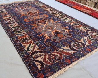 4x7インチのブラックヴィンテージラグ、アフガニスタンの部族風の