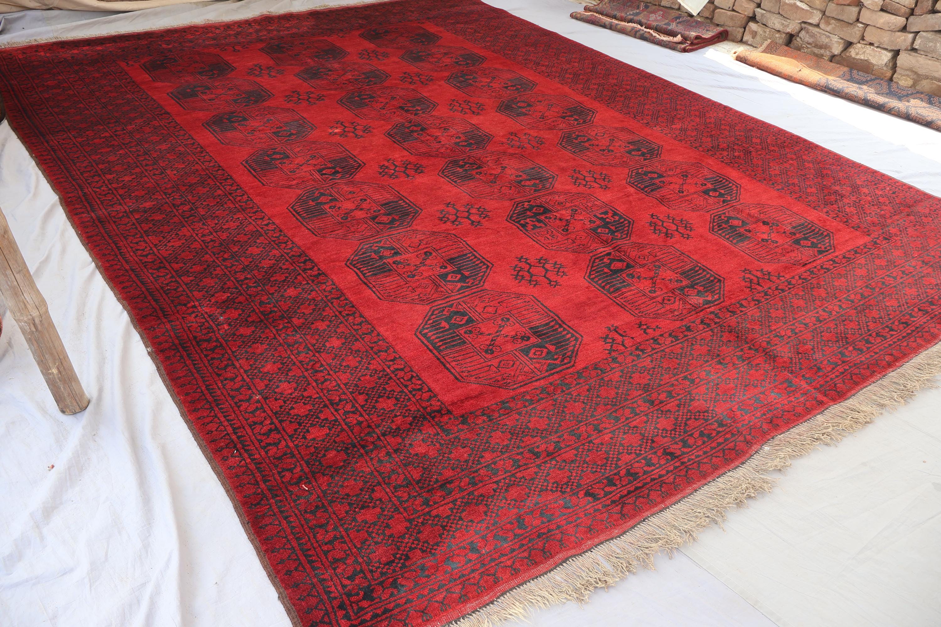 爆安セール　特大　アフガン 　手織りラグ　RUG 212cm X 118cm 9x12 大型アフガンラグ、手織りレッドヴィンテージエリアラグ、ウール