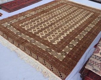 Terracotta Afghan Vintage Rug 6&#39;8x9&#39;3 Handmade Wool Area Rug, Ethnic Turkmen Tribal Rug, Oriental Bukhara Rug, Bedroom Rug, Living Room Rug