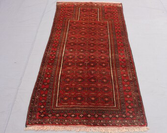 2'8x5'4 ft Afghan Vintage Prayer rug - Hand knotted Wool Area rug - High Pile Soft Natural Dyes Rug - Oriental Turkmen Baluch Antique Runner