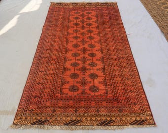 1940s Antique 3'4x6'7 ft Afghan Rug, Turkmen Tribal Bukhara Rug, Handmade Wool Rug, Low Pile Terracotta Faded Rug, Oriental Rug, Bedroom Rug