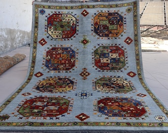5&#39;7x7&#39;9 ft Modern Ersari Rug, Pastel Blue Natural dyes Afghan Hand Knotted Wool Soft Pile Rug, Oriental Area Rug, Boho Area Rug, Bedroom Rug