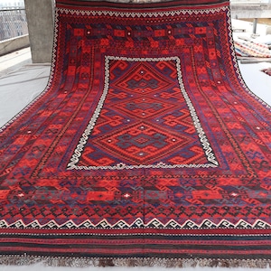 9x16 Red Kilim Rug, Vintage Large Afghan Handmade kilim Wool Geometric Rug, Decorative Boho Rug - Rug for living Room, Dining Table Carpet