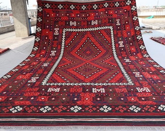 8x13 Large Antique Green Navy Blue Red Vintage Rug, Afghan Wool Flatweave Kilim Area Rug, Geometric Living room Carpet, Oriental Turkmen Rug