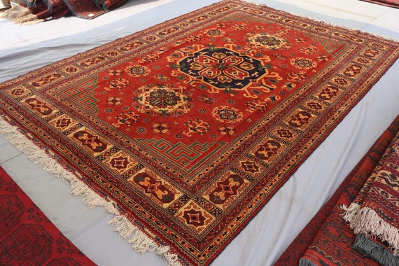 7x10 ft Vintage Turkish Heriz Medallion Rug, Caucasian Hand Knotted Wool Boho Area rug, Afghan Antique Oriental Rug for Living Room, Bedroom