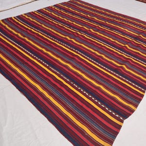 May include: A striped woven throw blanket with red, yellow, blue, and gray stripes. The blanket has a subtle sheen and is made of a soft, textured fabric.