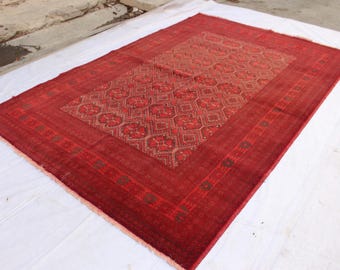 7x10 ft Rust Red rug, Afghan Vintage faded Rug, Handmade Wool rug, Turkmen Tribal Area Rug, Living Room Rug, Bedroom Rug, Oriental Carpet