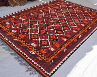 7x10 Vintage rug Afghan Kilim Rug, Authentic Handmade Flatweave Kilim Rug, Geometric design Oriental Rug, Orange Red Maroon, Living Room Rug