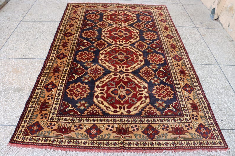 Classic Rug Pattern Background 6x10 Ft Large Vintage Area Rug, Dark Blue Cream Afghan Rug, Handmade ...