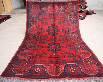Red Bukhara Rug 3x5 - Afghan Handmade Wool Area Rug - 100x150 cm Oriental Turkmen Rug - Tribal Vintage Rug - Bedroom Rug - Living room Rug