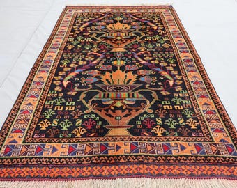 Antique Area Rug 3x5 Black Vintage Afghan Handmade Veg dyes High Pile Wool Rug, Geometric Tribal Baluchi Pictorial Floral Boho Art Carpet