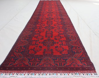 Red 13 ft runner rug Afghan Vintage runner rug, Bukhara design Khal Muhammadi rug, Handmade High Pile Wool Turkmen Tribal Rug 85x400 cm 3x10