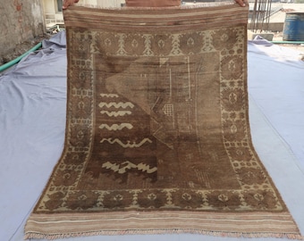 Dunkelbrauner Vintage Teppich 1940er, Antiker Teppich 1,6x1,5m, Handgeknüpfter Teppich, Teppich Beige, Handgeknüpft
