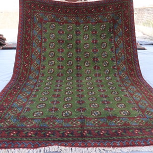 Green Bukhara Rug 5&#39;4x8&#39;2 ft Afghan Veg dyes Hand Knotted Wool Oriental Rug, Turkmen Tribal Area Rug, Home decor, Bedroom Rug, Office Carpet