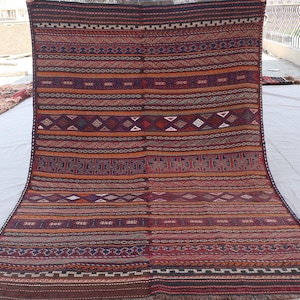 Collectors piece 4&#39;5x6&#39;7 Afghan Soumak Rug, Vintage Faded Kilim Rug, Striped Caucasian Rug, Oriental Kilim Rug, Handmade Wool Flatweave Rug