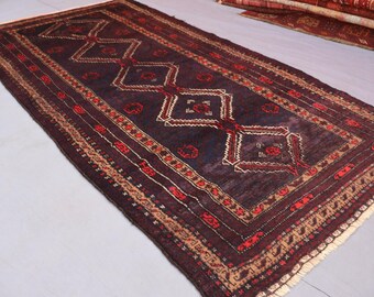 4x7インチのブラックヴィンテージラグ、アフガニスタンの部族風の