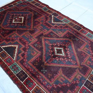 3x5 ft Geometric Baluch Rug, Handmade Afghan Wool Rug, Turkmen Tribal Rug, Red Vintage Rug, Antique Area Rug, Living Room Rug Bedroom Carpet