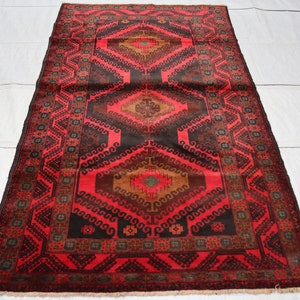 Alfombra baluch afgana de 4 x 7 - Alfombra de lana hecha a mano - Alfombra vintage geométrica turcomana oriental - Alfombra vintage tribal - Alfombra para sala de estar - Alfombra para dormitorio