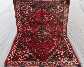 4x5 ft Antique Area Rug, Afghan Caucasian Rug, Handmade Wool Rug, Geometric Pictorial Rug, Red Vintage faded rug, Kids Room Rug, Bedroom Rug
