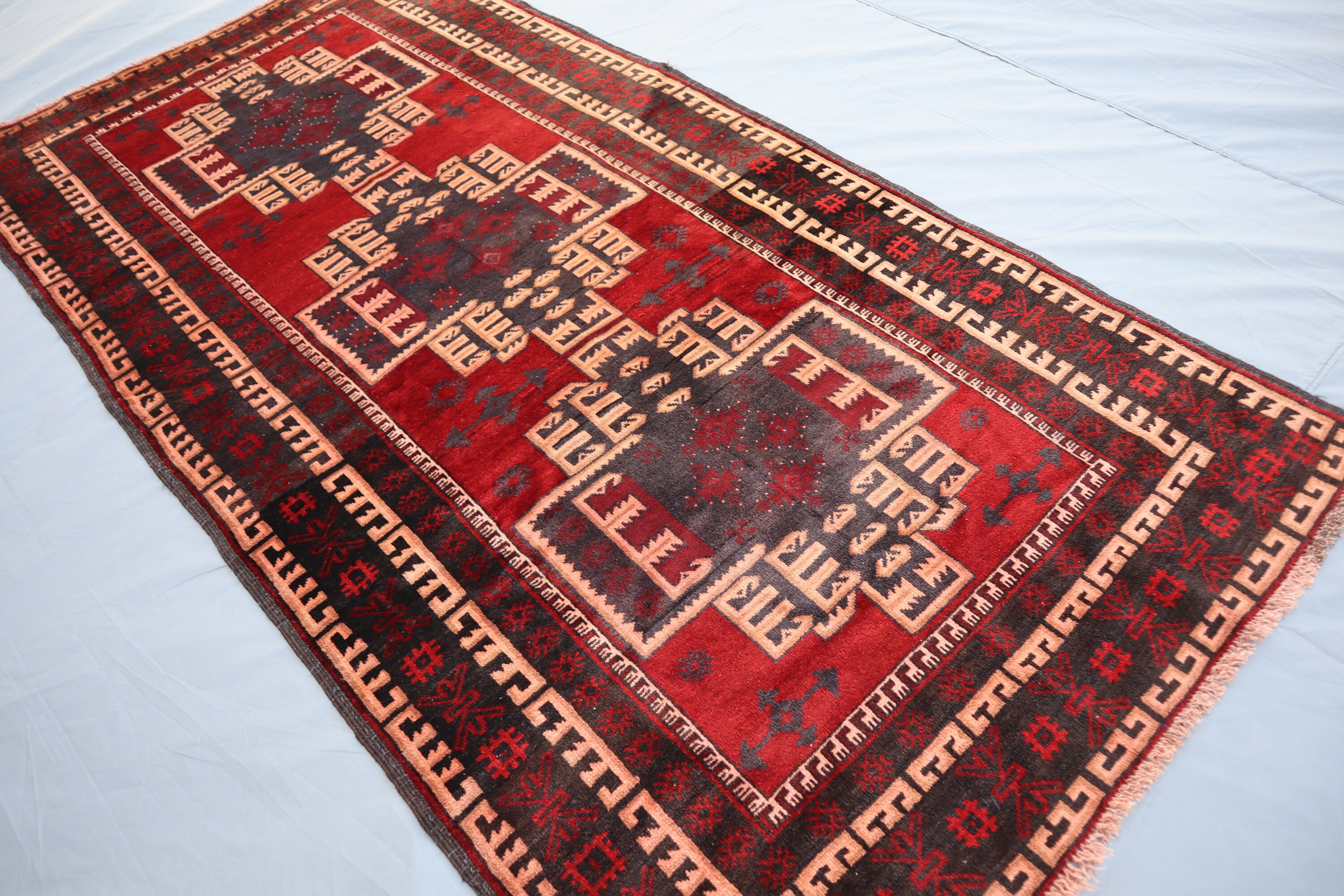 3'8x7'3 Ft Vintage Baluchi Rug, Geometric Hand Knotted Veg