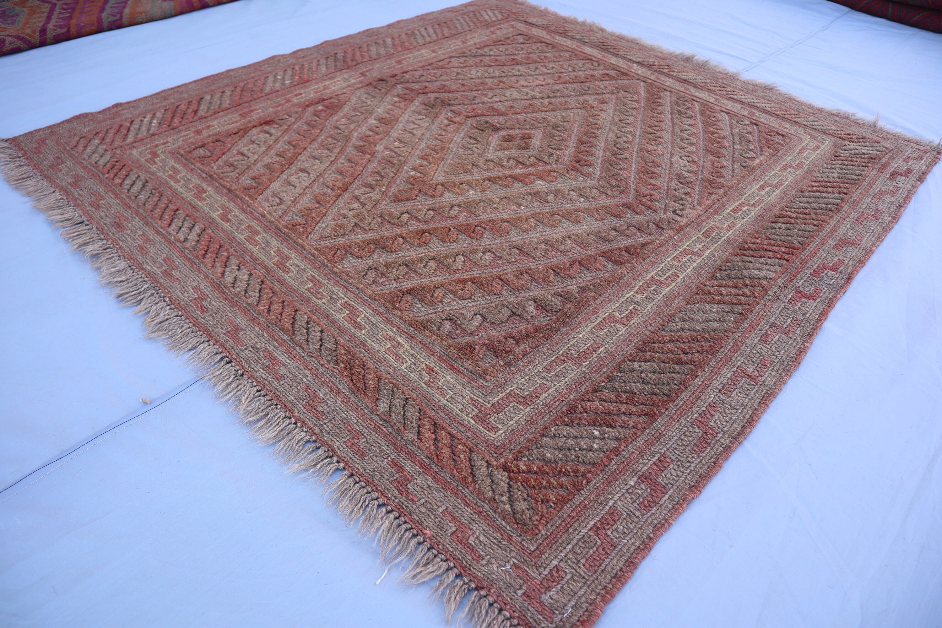 4x4 Vintage Square Rug Afghan Handmade Wool Natural Dyes Rug, Geometric ...