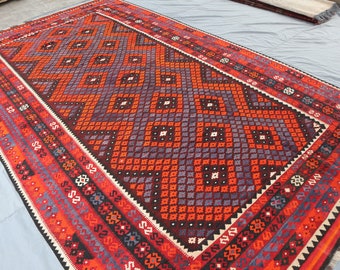 8x14 ft Vintage Kilim Rug - Afghan Handmade Kilim Wool Area Rug, Rich Colors Orange Red Blue Flat weave Tribal Antique Rug - Living Room Rug