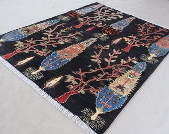 5x7 Tree of life Gabbeh Rug Afghan Nomadic Rug, Trees Pictorial Rug, Handmade Wool Rug, Black Oriental Rug, Boho Home decor, Living Room Rug