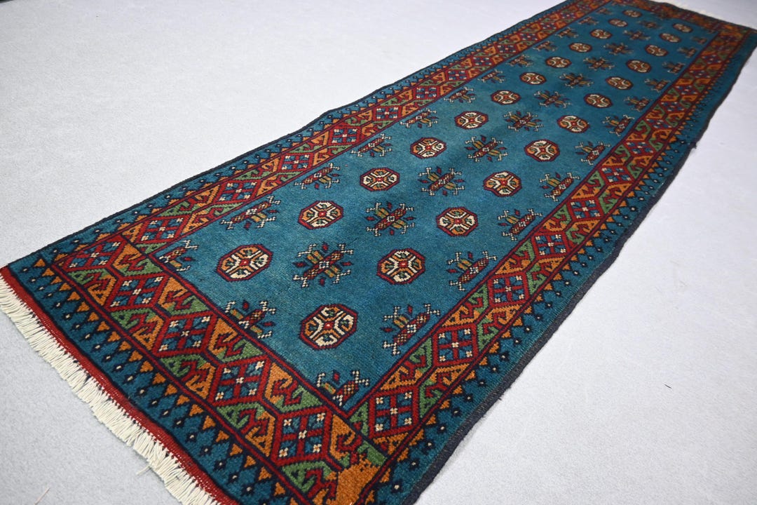 Blue 10 Ft Runner Rug, Traditional Afghan Bukhara Rug, Turkmen Handmade ...