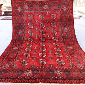 4&#39;3x6&#39;6 ft Afghan Red Vintage Rug, Turkmen Bukhara Tribal faded Rug, Traditional Handmade Wool Rug, Antique Oriental Rug, Bedroom Area Rug