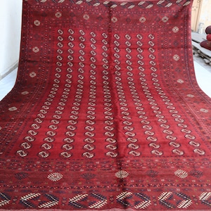 Antique Bokhara Rug, 10x13 ft Vintage Afghan Rug, Hand Knotted Wool Rug, Turkmen Tekke Tribal Rug, Red Oriental Area Rug, Living Room Carpet