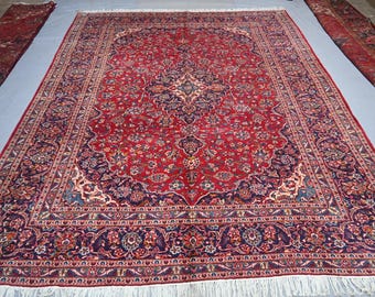 10x13 ft Red Floral Area Rug - Hand Knotted Wool Medallion Carpet - Traditional Heriz Rug, Afghan Oriental Rug, Living Room Rug, Bedroom Rug