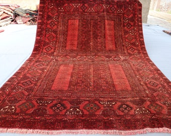 5x7 Antique 1960s rug, Red Vintage faded Wool Distress Rug, Afghan Handmade Oriental Rug, Turkmen Tribal Parda Bukhara Rug, Bedroom Area Rug