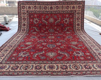 9x13 Red Large Vintage Rug One of a kind rug, Red Caucasian Hand knotted Wool Rug, Oriental Antique Rug, Afghan Tribal Area Rug, Bedroom Rug