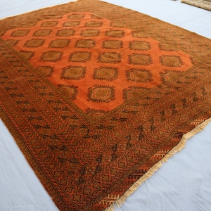 7x9 Brown Orange Vintage Rug, Large Area Rug, Hand Knotted Wool Rug, Afghan Tekke Sarouki Rug, Turkmen Tribal Oriental Rug, Living Room Rug