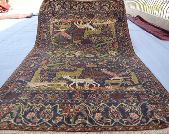 4&#39;4x6&#39;9 ft Green Vintage Hunting Area Rug, Handmade Wool Rug, Antique Pictorial Art deco Rug, Afghan Animal print Rug, One of a kind Carpet
