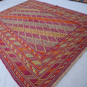 7x9 ft Vintage Afghan Mashwani Rug, Handmade Wool Antique Area Rug, Pink Purple Orange Green Bedroom Rug - Living Room Rug - Oriental Carpet