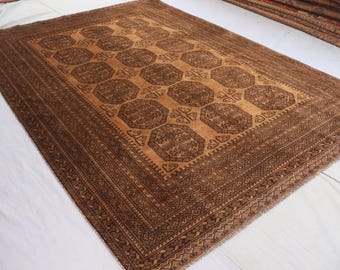 1940er Antiker Kurzflor Teppich 200x270, Turkmenischer Wollteppich, Terrakotta Brauner Orientteppich, Tekke Ersari Bukhara Stammesteppich, Schlafzimmer Teppich