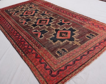 5&#39;9x10&#39;6 ft Vintage Caucasian One of a Kind Rug - Antique Low Pile Afghan Handmade Wool Rug - Oriental Geometric Baluch Rug - Kitchen Carpet