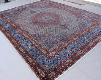 10x13 Blue Serapi Area Rug, Large Turkish Medallion style Hand Knotted veg dyes Wool Rug, Afghan Vintage Oriental Rug, Rug for living room