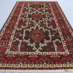 Alfombra afgana vintage de 3&#39;10 x 6&#39;7 pies, alfombra tribal baluchi con diseño geométrico caucásico, alfombra turcomana hecha a mano de lana con tintes naturales, alfombra oriental