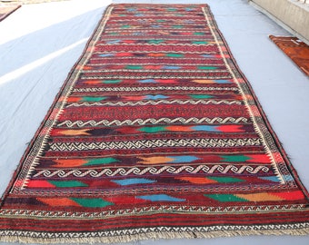 4x10'7 ft Afghan Vintage Kilim Runner Rug Turkmen Handmade Wool Flatweave Striped Rug, Antique Oriental Rug, Hallway Runner Rug, Kitchen Rug