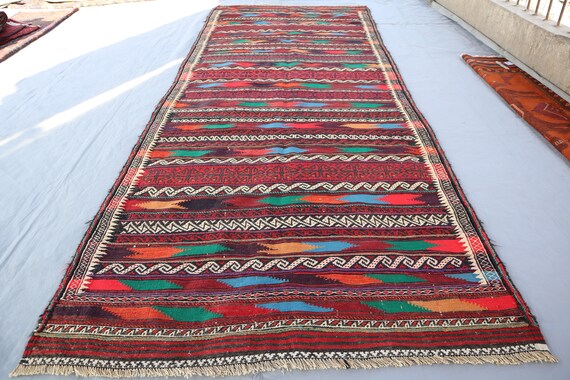 4x10'7 フィート アフガニスタン ヴィンテージ キリム ランナー ラグ