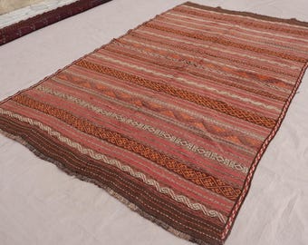 5x9 Antique Area Rug Afghan Striped Kilim Rug Handmade Wool Rug, Turkmen Oriental Flatweave Boho Rug, Distressed Terracotta Rug, Kitchen Rug