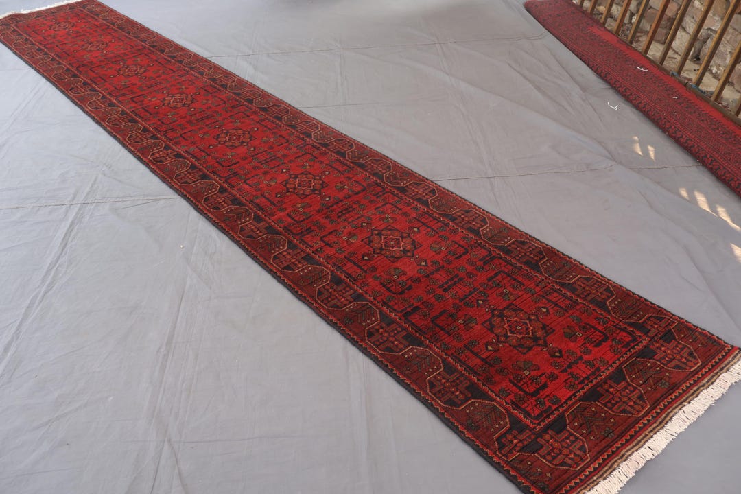 15 Ft Runner Rug, Red Afghan Bukhara Rug, Turkmen Tribal Hand Knotted ...