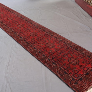 15 ft Runner Rug, Red Afghan Bukhara Rug, Turkmen Tribal Hand Knotted Wool Rug, Oriental Rug, Entryway Runner Rug, Long Hallway Runner 3x15