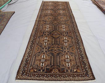 3x10 Vintage Runner Rug, Pictorial Black Brown Afghan Caucasian Handmade Wool Runner Rug, Oriental rug, 10 ft Hallway Runner, Kitchen Rug