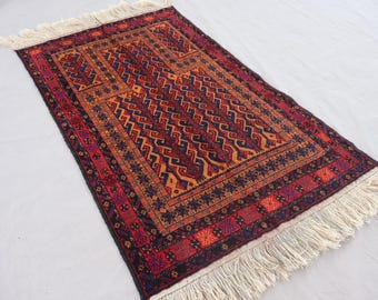 2&#39;9x4&#39;5 ft Navy Blue Vintage rug, Afghan Handmade Wool Soft Rug, Antique Tribal Prayer Rug, Turkmen Baluchi Area Rug, Oriental Prayer mat