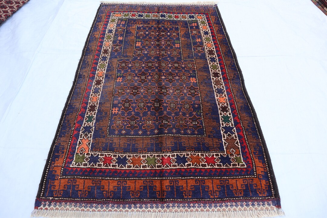 Vintage Small Prayer Rug, 2'9x4'3 Ft Blue Afghan Handmade Prayer Rug, Oriental Baluch Area Rug